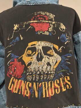 Guns N Roses Hooded Distressed Upcycled Denim Blue Jean Jacket